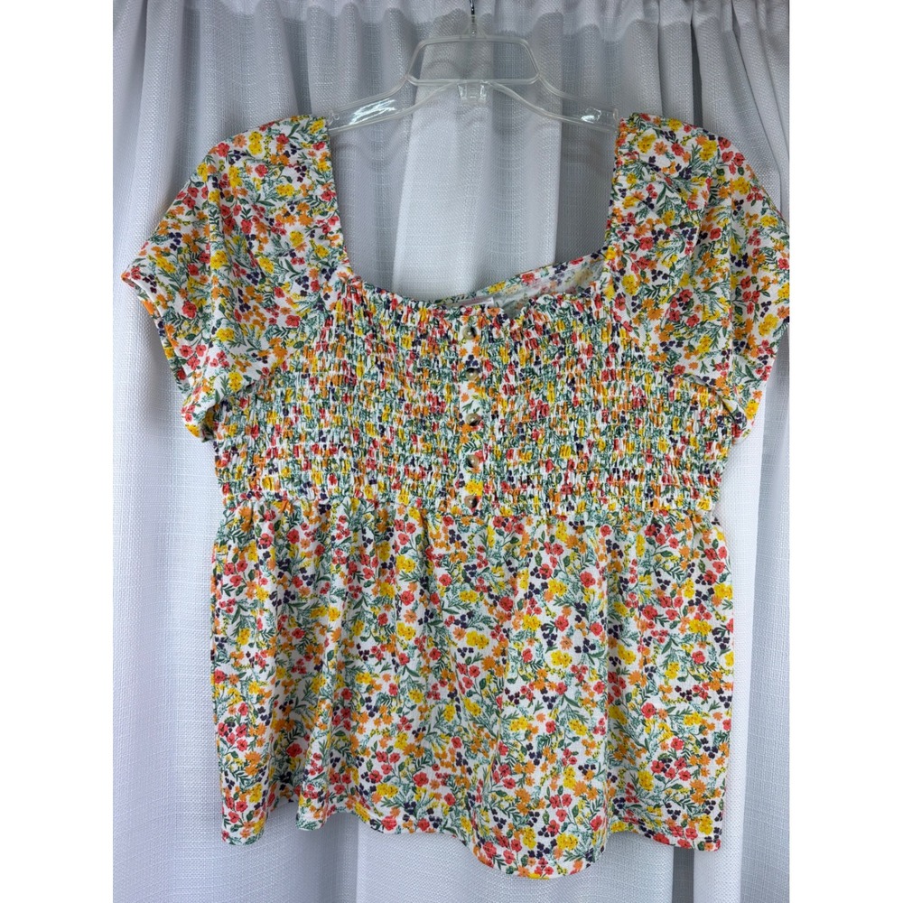 No Boundaries Floral Smocked Bodice Top XXXL 3XG 21 Square Neck Blouse